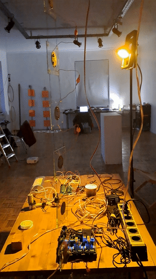 short video loop of suspended glasses rotating in the front, and wooden rings rotating in the back